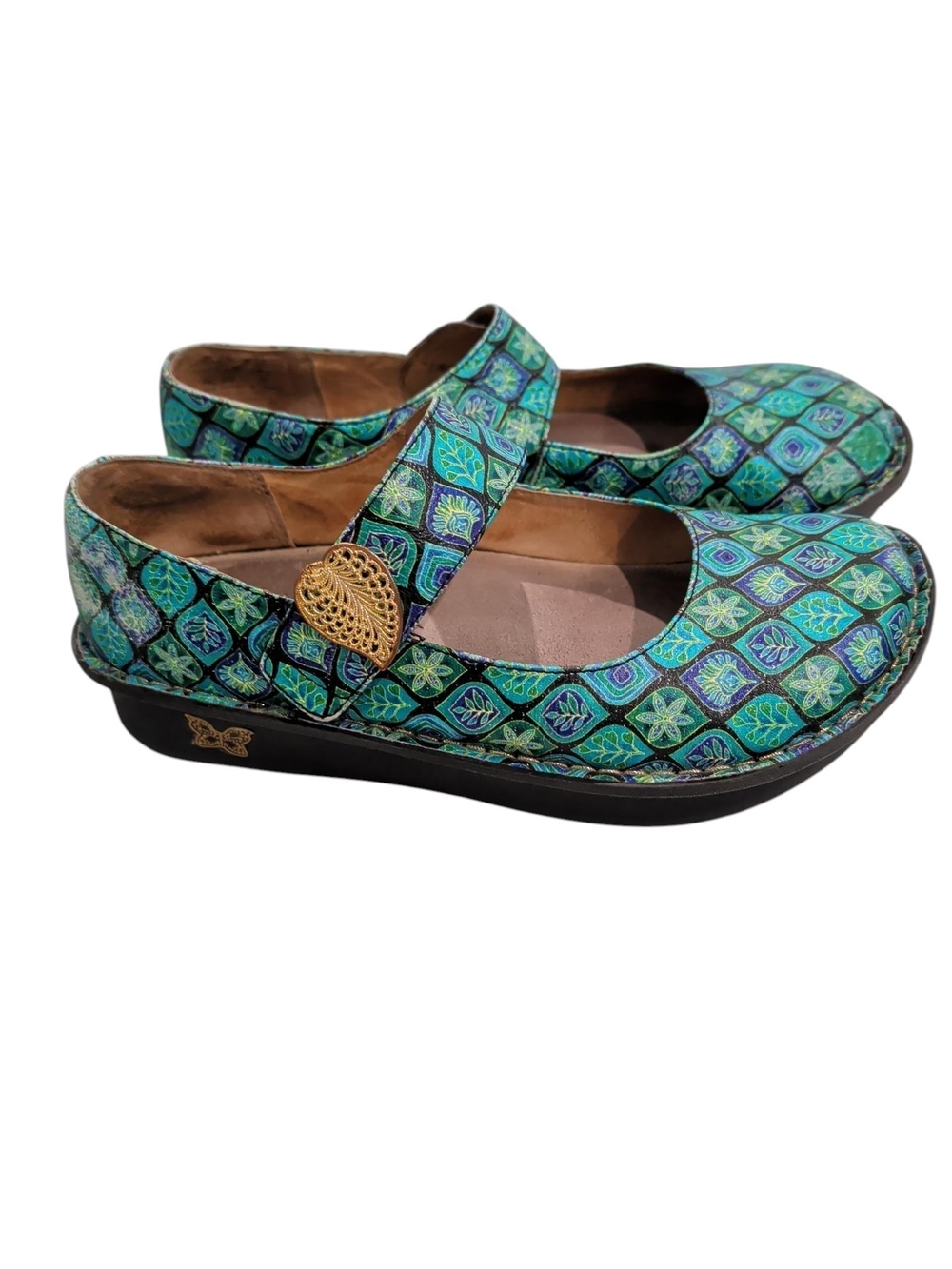 Alegria Paloma Mary Jane Shoes 38/US 8-8.5 Teal Green Leather Comfort Floral